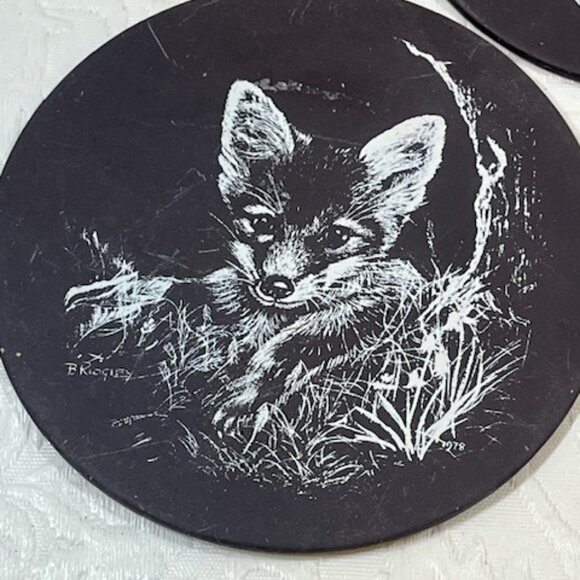 Five VTG 70's Slate Animal Coasters, Badger, Owl, Rabbit, Fox, Hedgehog 3.25" - Picture 7 of 16